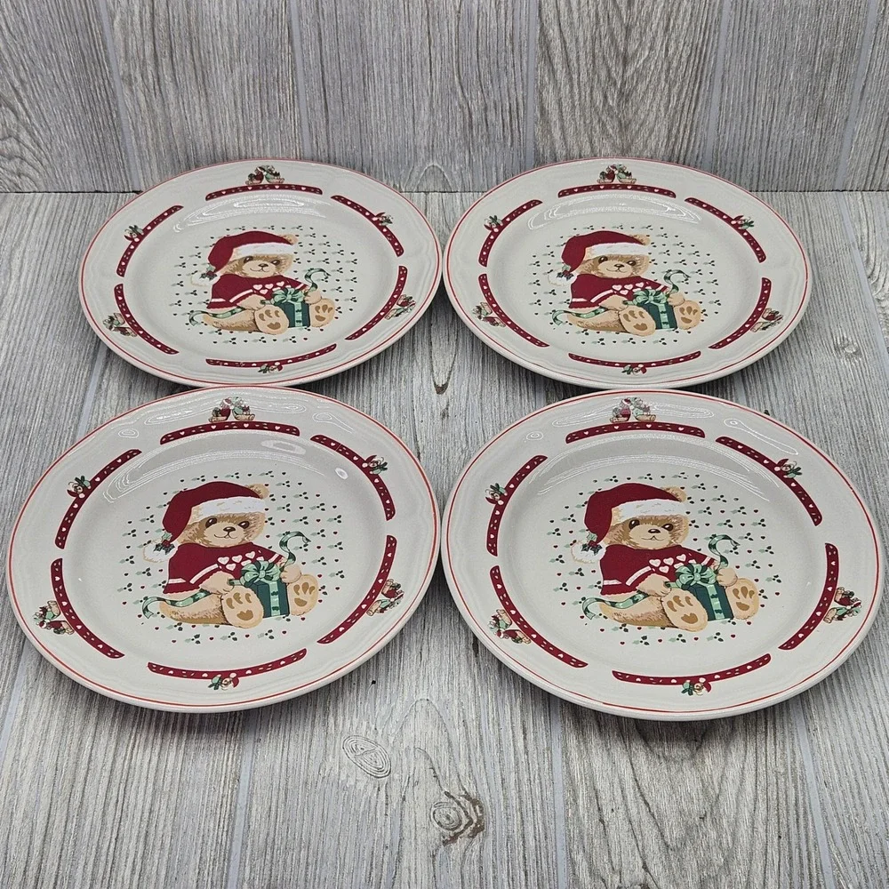Tienshan Stoneware  Country Christmas Teddy Bear Salad Plates Set of 4